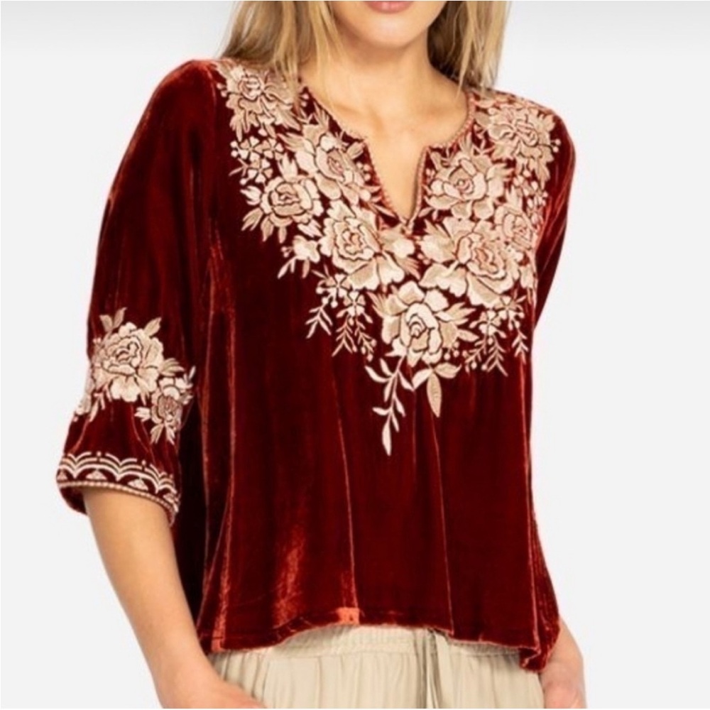 Johnny Was Embroidered Olenna Rich Velvet 3/4 Sleeve Flutter Top Size XLarge